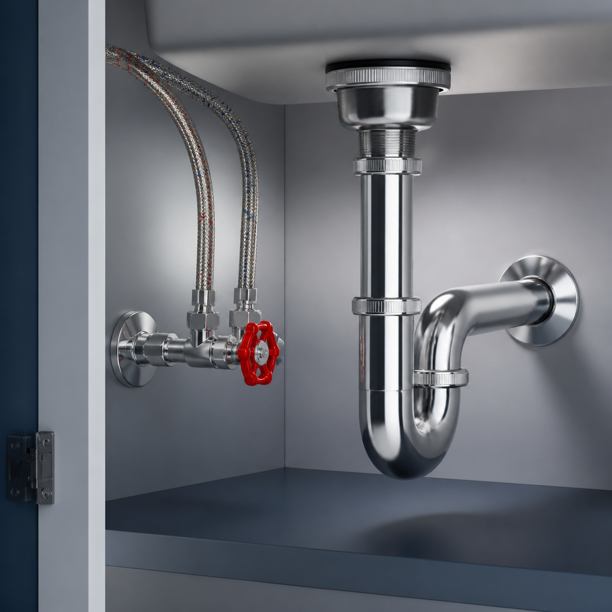 Under-sink plumbing and red shutoff detail